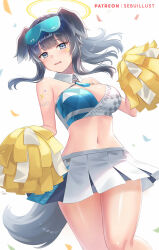 Rule 34 | 1girl, bare shoulders, black hair, blue archive, blue eyes, blush, breasts, cheerleader, cleavage, clothes writing, commentary request, cowboy shot, crop top, facial mark, goggles, goggles on head, halo, hibiki (blue archive), hibiki (cheer squad) (blue archive), highres, holding, holding pom poms, large breasts, looking at viewer, midriff, millennium cheerleader outfit (blue archive), miniskirt, navel, pom pom (cheerleading), pom poms, sebu illust, simple background, skirt, solo, stomach, thighs, white background, white skirt