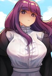 Rule 34 | 1girl, absurdres, black coat, blue sky, closed mouth, cloud, coat, day, dress, fern (sousou no frieren), highres, long hair, looking at viewer, outdoors, purple eyes, purple hair, sky, solo, sousou no frieren, unusualpie, white dress