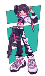 Rule 34 | 1girl, absurdres, arm behind head, arms up, black hair, black pants, blue background, commentary, gun, half-closed eye, highres, long sleeves, looking at viewer, multicolored hair, navel, original, osakechan0, pants, puffy long sleeves, puffy sleeves, purple eyes, purple hair, shoes, shrug (clothing), solo, standing, streaked hair, thick eyebrows, two-tone background, uneven eyes, weapon, weapon request, white background, white footwear
