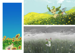 Rule 34 | 1girl, apios, bag, blue sky, brown sclera, child, closed eyes, closed mouth, cloud, cloudy sky, colored sclera, colored skin, commentary, creatures (company), cutiefly, day, field, flower, flower field, flower wreath, from side, full body, game freak, gen 1 pokemon, gen 2 pokemon, gen 3 pokemon, gen 4 pokemon, gen 7 pokemon, grass, green hair, green skin, hair over one eye, happy, highres, kirlia, leafeon, looking up, medium hair, mountainous horizon, multicolored skin, multiple views, nintendo, no mouth, outdoors, path, pokemon, pokemon (creature), road, sitting, sky, standing, sunflora, sunflower, sunflower field, two-tone skin, vaporeon, white eyes, white flower, white skin, yellow flower