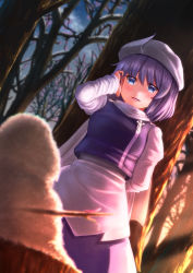 Rule 34 | 1girl, adjusting hair, against tree, bare tree, blue eyes, blush, dutch angle, hair behind ear, hat, highres, letty whiterock, light smile, luke (kyeftss), medium hair, night, outdoors, parted lips, purple hair, sidelighting, snowman, solo, touhou, tree