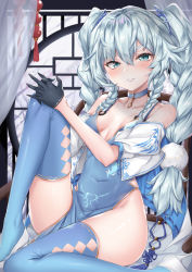 Rule 34 | 1girl, absurdres, bare shoulders, blue choker, blue dress, blue eyes, blue gloves, blue hair, blue thighhighs, blush, braid, breasts, choker, coffeedog, detached sleeves, dress, girls&#039; frontline, gloves, hair between eyes, hair ornament, half gloves, heart, high heels, highres, huge filesize, indoors, looking at viewer, official alternate costume, own hands together, pa-15 (alluring larkspur) (girls&#039; frontline), pa-15 (girls&#039; frontline), pelvic curtain, small breasts, smile, solo, thighhighs, twin braids, twintails, white footwear