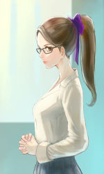 Rule 34 | 1girl, a ichiro, bad id, bad pixiv id, black-framed eyewear, black skirt, breasts, brown eyes, brown hair, expressionless, from side, glasses, hair ribbon, indoors, interlocked fingers, lips, long hair, long sleeves, looking at viewer, medium breasts, original, own hands clasped, own hands together, pleated skirt, ponytail, purple ribbon, red lips, ribbon, shirt, sideways glance, skirt, solo, thick eyebrows, upper body, white shirt, window