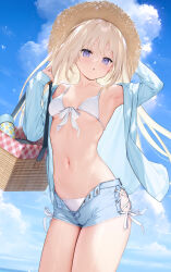 Rule 34 | 1girl, :o, armpits, bikini, blonde hair, blue eyes, blue shorts, blush, breasts, collarbone, commentary request, cowboy shot, hat, highres, long hair, looking at viewer, mignon, navel, open clothes, open mouth, original, outdoors, shiro-chan (mignon), short shorts, shorts, small breasts, solo, stomach, straw hat, swimsuit, thighs, white bikini