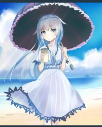 Rule 34 | 10s, 1girl, alternate costume, beach, blue dress, blue eyes, blue sky, blush, cloud, cloudy sky, collarbone, cup, day, dress, hammer and sickle, heavens thunder (byakuya-part2), hibiki (kancolle), holding, holding cup, holding umbrella, kantai collection, long hair, looking at viewer, no headwear, no headwear, outdoors, sand, short sleeves, silver hair, sky, solo, umbrella, verniy (kancolle), water, wind