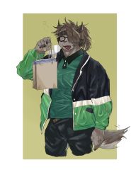 Rule 34 | 1boy, animal ears, bag, blue jacket, border, catoblepas (housamo), closed eyes, furry, furry male, gao (gao 53937056), glasses, green jacket, green shirt, highres, holding, holding bag, holding up, horns, jacket, long hair, male focus, multicolored clothes, multicolored jacket, muscular, muscular male, open mouth, outside border, ponytail, shirt, shopping bag, smile, solo, tail, tokyo houkago summoners, two-tone jacket, upper body, white border, yellow background