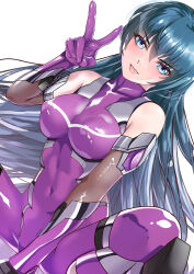 Rule 34 | 1girl, absurdres, arion canvas, bare shoulders, blue eyes, blue hair, bodysuit, breasts, elbow gloves, gloves, highres, igawa asagi, large breasts, long hair, looking at viewer, ninja, purple bodysuit, purple gloves, skindentation, smile, solo, squatting, taimanin (series), taimanin asagi, v