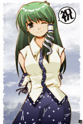 Rule 34 | 1girl, arms behind back, bad id, bare shoulders, black eyes, blue ribbon, blue skirt, breasts, brown eyes, buttons, closed mouth, collared shirt, detached sleeves, female focus, frog hair ornament, green hair, hair ornament, hair tubes, hana (hana mo arashi mo), kochiya sanae, long hair, looking at viewer, one eye closed, ribbon, ribbon-trimmed sleeves, ribbon trim, shirt, skirt, sleeveless, sleeveless shirt, smile, snake hair ornament, solo, touhou, white shirt, wink