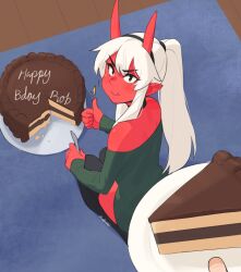 Rule 34 | 1girl, artist name, bare shoulders, cake, cake slice, colored skin, demon girl, demon horns, demon tail, eating, food, from above, hair between eyes, happy birthday, highres, holding, holding plate, holding utensil, horns, li (rob ishi), looking at viewer, original, plate, pointy ears, red skin, rob ishi, smile, solo focus, tail, thighhighs, thumbs up, white hair
