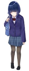Rule 34 | 1girl, bag, black footwear, blazer, blue jacket, blue skirt, bow, brown pantyhose, closed mouth, collared shirt, commentary request, dress shirt, full body, hair over eyes, hand up, highres, jacket, loafers, long sleeves, looking at viewer, original, pantyhose, plaid, plaid skirt, red bow, red eyes, school bag, school uniform, shirt, shoes, simple background, skirt, sleeves past wrists, solo, standing, unmoving pattern, white background, white shirt, yuki arare