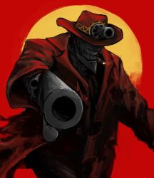 Rule 34 | chainsaw man, cigar, coat, cowboy, cowboy hat, cowboy western, facing viewer, gun, handgun, hat, highres, open mouth, original, pointing gun, red coat, red hat, red theme, revolver, sharp teeth, slapknutts, smoking, solo, teeth, torn clothes, torn coat, two-tone background, weapon, western