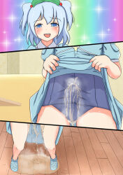 Rule 34 | 1boy, 3koma, blue dress, blue eyes, blue hair, blush, bulge, clothes lift, comic, crocs, crossdressing, dress, embarrassed, hair ornament, hat, heaven condition, indoors, kawashiro nitori, lifting own clothes, light blue hair, male focus, medium bangs, naughty face, ohnegs, open mouth, pee, peeing, peeing self, school swimsuit, skirt, skirt lift, solo, swimsuit, teardrop, tears, teeth, touhou, trap, upper teeth only, wooden floor