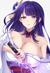 Rule 34 | 1girl, absurdres, bare shoulders, breasts, choker, cleavage, commentary, genshin impact, grey background, hair ornament, highres, holding, holding sword, holding weapon, japanese clothes, kimono, large breasts, long hair, looking at viewer, midori (user nsaz3272), musou isshin (genshin impact), nail polish, off shoulder, parted lips, purple eyes, purple hair, purple kimono, purple nails, raiden shogun, simple background, solo, sword, upper body, very long hair, weapon