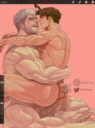 Rule 34 | 2boys, akumicke, ass grab, bara, beard, blush, brown hair, commission, completely nude, erection, eye contact, eyebrow cut, facial hair, fangs, girthy penis, grabbing another&#039;s ass, groping, highres, hug, imminent anal, imminent penetration, large penis, light brown hair, long sideburns, looking at another, male focus, mature male, multicolored hair, multiple boys, muscular, muscular male, mustache, nude, original, pectorals, penis, seductive smile, shaved body, short hair, sideburns, sitting, sitting on lap, sitting on person, smile, thick eyebrows, thick thighs, thighs, two-tone hair, undercut, unfinished, veins, veiny penis, yaoi