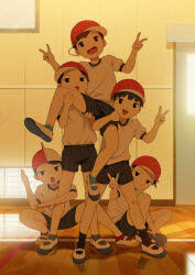 Rule 34 | 5boys, bandaid, bandaid on leg, child, commentary request, gym uniform, indoors, light rays, looking at viewer, male focus, multiple boys, noeyebrow (mauve), open mouth, original, shirt, short hair, shorts, signature, smile, sunbeam, sunlight, tile wall, tiles, v, white footwear, white shirt, wooden floor