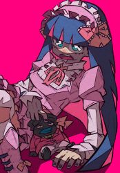 Rule 34 | 1girl, absurdres, aqua eyes, blue hair, blue nails, blunt bangs, boots, bow, bright pupils, colored inner hair, dark blue hair, dress, fingernails, hairband, highres, juliet sleeves, lolita fashion, lolita hairband, long hair, long sleeves, multicolored hair, nail polish, neck ribbon, open mouth, panty &amp; stocking with garterbelt, pink background, pink bow, pink dress, pink footwear, pink hair, pink hairband, pink ribbon, puffy sleeves, ribbon, stocking (psg), striped clothes, striped thighhighs, teeth, thighhighs, two-tone hair, white pupils, yaya hiyayaka