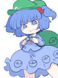 Rule 34 | 1girl, backpack, bag, blue eyes, blue hair, blue shirt, blue skirt, chahan (fried rice0614), flat cap, green hat, hair bobbles, hair ornament, hat, highres, kawashiro nitori, key, long sleeves, one-hour drawing challenge, shirt, short hair, short twintails, simple background, skirt, solo, touhou, twintails, white background