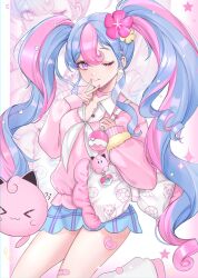 Rule 34 | ;q, absurdres, bag, bag charm, bandaid, bandaid on leg, bandaid on thigh, blue skirt, breasts, charm (object), choker, clefairy, collared sweater, commentary, cowboy shot, creatures (company), dot nose, double-parted bangs, earrings, fairy miku (project voltage), flower, foot out of frame, game freak, gen 1 pokemon, hair flower, hair ornament, hands up, hatsune miku, heart, heart choker, hibiscus, highres, holding, holding strap, inward v, jewelry, jigglypuff, knee up, leg warmers, long hair, looking at viewer, medium breasts, miniskirt, nail polish, nintendo, one eye closed, pearl earrings, pink choker, pink eyes, pink footwear, pink nails, plaid, plaid skirt, pokemon, project voltage, saga666, shoulder bag, sidelocks, skirt, sleeve cuffs, smile, socks, sparkle, sweater, symbol-only commentary, three quarter view, tongue, tongue out, twintails, v, very long hair, vocaloid, white socks, wing collar, zoom layer