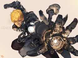 Rule 34 | 1boy, black pants, black sclera, blonde hair, character name, clenched hand, clenched teeth, colored sclera, cyborg, genos, hair between eyes, looking at viewer, male focus, mechanical parts, motion blur, one-punch man, pants, signature, solo, teeth, weapon, yd (orange maru), yellow eyes