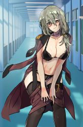 Rule 34 | 1girl, black panties, black thighhighs, blush, bra, breasts, cleavage, embarrassed, epaulettes, girls&#039; frontline, gluteal fold, green hair, griffin &amp; kryuger military uniform, hair between eyes, hallway, helianthus (girls&#039; frontline), highres, jacket, jacket on shoulders, lace, lace-trimmed bra, lace-trimmed legwear, lace-trimmed panties, lace trim, large breasts, long hair, monocle, navel, panties, solo, thighhighs, thighs, underwear, v arms, vinushka, wardrobe malfunction