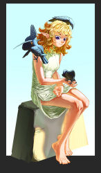 Rule 34 | 1girl, absurdres, animal, animal on shoulder, armor, bare arms, bare legs, bare shoulders, barefoot, bird, bird on hand, bird on shoulder, blonde hair, blue background, bright pupils, crow, dress, dungeon meshi, elf, fleki, full body, gradient background, highres, jiachong044, long hair, notched ear, outside border, pointy ears, purple eyes, sitting, sleeveless, sleeveless dress, smile, uniform, white dress