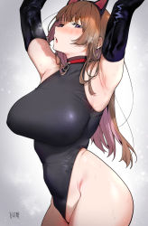 Rule 34 | 1girl, :o, armpits, arms up, black gloves, black leotard, blush, breasts, brown hair, collar, elbow gloves, from side, gloves, grey background, highleg, highleg leotard, highres, karinto yamada, large breasts, leotard, long hair, original, parted lips, purple eyes, red collar