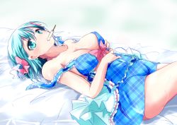 Rule 34 | 10s, 1girl, aqua eyes, aqua hair, bare shoulders, bed sheet, bow, breasts, cleavage, collarbone, divine gate, dress, food, frilled dress, frills, hair bow, hand on own stomach, looking at viewer, lying, medium breasts, mouth hold, nanaume (shichimi tougarashi), on back, pink bow, popsicle, sleeveless, sleeveless dress, solo, strap slip, sweat, vivian (divine gate)