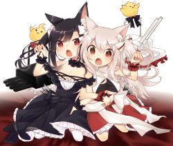 Rule 34 | 2girls, absurdres, animal ear fluff, animal ears, azur lane, bare shoulders, bird, black dress, black hair, breasts, cannon, chick, choker, claw pose, cleavage, clothing cutout, commentary request, dress, evening gown, fang, frilled dress, frilled skirt, frills, grey hair, hair ribbon, highres, huge filesize, large breasts, looking at viewer, manjuu (azur lane), medium breasts, multiple girls, one side up, open mouth, paw pose, red eyes, ribbon, ribbon choker, rigging, shigure (azur lane), shitada, side ponytail, sidelocks, skirt, thick eyebrows, underboob, underboob cutout, wolf ears, wrist cuffs, yuudachi (azur lane), yuudachi (carnivore carnival!) (azur lane), yuudachi (meat bun hunter) (azur lane)