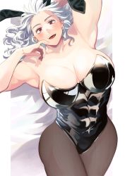 Rule 34 | 1girl, abs, absurdres, animal ears, armpits, arms up, bare shoulders, black leotard, breasts, bunny day, chain earrings, cleavage, collarbone, commentary, covered navel, cowboy shot, cross, dorohedoro, earrings, fake animal ears, highres, inverted cross, jewelry, large breasts, leotard, long eyelashes, long hair, looking at viewer, lying, multiple piercings, muscular, muscular female, noi (dorohedoro), on back, open mouth, pantyhose, playboy bunny, rabbit ears, red eyes, shiny clothes, smile, solo, stitches, strapless, strapless leotard, teeth, toned, tongue, wavy hair, white background, white hair, wide hips, wrinkled fabric, youto