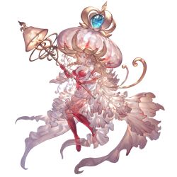 Rule 34 | 1girl, bare shoulders, barefoot, blonde hair, breasts, charybdis (granblue fantasy), cleavage, detached sleeves, full body, granblue fantasy, holding, holding staff, jellyfish girl, long hair, minaba hideo, monster girl, official art, pale skin, red eyes, staff, third-party source, transparent background