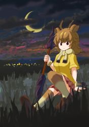 Rule 34 | 10s, 1girl, animal ears, bracelet, brown eyes, brown hair, cloud, cloudy sky, common eland (kemono friends), grass, highres, holding, holding polearm, holding spear, holding weapon, horns, jewelry, kemono friends, long hair, miniskirt, moon, night, night sky, pleated skirt, polearm, scarf, sitting, skirt, sky, solo, spear, tail, thighhighs, weapon