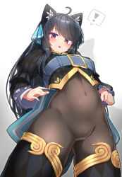 Rule 34 | 1girl, ahoge, animal ears, black hair, bodystocking, bodysuit, bodysuit under clothes, borrowed character, breasts, brown bodysuit, cat ears, covered navel, cowboy shot, from below, gold trim, gradient background, grey background, highres, long hair, looking at viewer, looking down, open mouth, original, red eyes, small breasts, solo, standing, svartlilja (vrchat), tylwing, vrchat, white background
