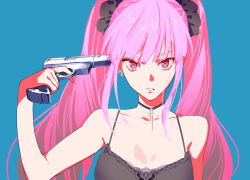 Rule 34 | 1girl, black camisole, black choker, blue background, breasts, camisole, choker, earrings, gun, gun to head, handgun, holding, holding gun, holding weapon, hololive, hololive english, jewelry, long hair, looking at viewer, medium breasts, mori calliope, pako (pakosun), parody, parted lips, persona, persona 3, pink eyes, pink hair, scrunchie, sidelocks, simple background, skull choker, skull earrings, solo, tsurime, twintails, upper body, virtual youtuber, weapon