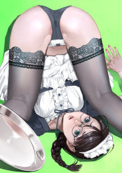 Rule 34 | 1girl, ass, black-framed eyewear, black hair, black thighhighs, blue ribbon, bow, bow panties, braid, braided ponytail, breasts, center frills, clothes lift, crotch seam, folded, frills, glasses, green background, green eyes, hair tie, highres, inamitsu shinji, kneepits, legs, legs up, lips, long hair, looking at viewer, maid, maid headdress, medium breasts, nail polish, neck ribbon, original, paid reward available, panties, parted lips, pussy juice stain, red nails, ribbon, round eyewear, shirt, single braid, skirt, skirt lift, solo, spread legs, stained panties, thighhighs, top-down bottom-up, tray, underwear, upside-down, white shirt, white skirt