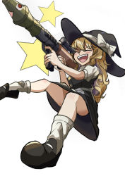 Rule 34 | 1girl, aiming, black footwear, black hat, black skirt, black vest, blonde hair, blush, bow, braid, closed eyes, commentary request, cookie (touhou), full body, hat, hat bow, hinshi (nicoseiga121432160), kirisame marisa, long hair, mary janes, nyon (cookie), open mouth, puffy short sleeves, puffy sleeves, rocket launcher, rpg, rpg-7, rpg (weapon), shirt, shoes, short sleeves, simple background, single braid, skirt, skirt set, smile, socks, solo, star (symbol), suzu (cookie), touhou, vest, weapon, white background, white bow, white shirt, witch hat