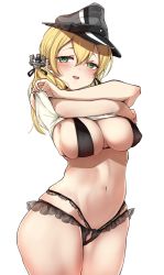 Rule 34 | 1girl, anchor hair ornament, arms up, black panties, blonde hair, blush, breasts, chigasaki yukari, clothes lift, unworn clothes, commentary request, green eyes, hair between eyes, hair ornament, hat, highres, kantai collection, large breasts, long hair, looking at viewer, military hat, navel, open mouth, panties, prinz eugen (kancolle), shirt lift, simple background, solo, twintails, underwear, underwear only, white background