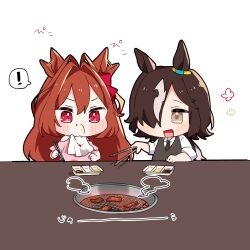 Rule 34 | !, 2girls, absurdres, afterimage, animal ears, antenna hair, bare shoulders, black necktie, black vest, blush, bow, brown eyes, brown hair, chibi, chopsticks, clothing cutout, collared shirt, commentary request, daiwa scarlet (umamusume), ear wiggle, eating, food, food on face, hair between eyes, hair bow, hair intakes, highres, holding, holding chopsticks, horse ears, meat, multiple girls, necktie, nekosuzu an, pink shirt, red bow, red eyes, shirt, short sleeves, shoulder cutout, simple background, spoken exclamation mark, tongs, umamusume, upper body, vest, vodka (umamusume), white background, white shirt, yakiniku