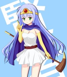 Rule 34 | 1girl, belt, blue background, blue cape, blue hair, blush, breasts, cape, circlet, cleavage, dragon quest, dragon quest iii, dress, elbow gloves, gloves, green eyes, highres, holding, holding staff, index finger raised, kapy, light blue background, long hair, medium breasts, sage (dq3), smile, solo, staff, very long hair, white dress, yellow gloves