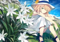 Rule 34 | 1girl, blue footwear, blue sky, blurry, blurry foreground, blush, closed mouth, cloud, convenient leg, day, depth of field, dress, fingernails, flower, grass, green eyes, hair over one eye, hat, hat flower, highres, light brown hair, looking at viewer, nude, on grass, orange flower, original, outdoors, rock, shoes, short hair, sitting, sky, sleeveless, sleeveless dress, solo, sutorora, tears, white dress, white hat
