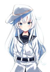 Rule 34 | 1girl, belt, black sailor collar, blue eyes, buttons, hair between eyes, hat, hibiki (kancolle), highres, kantai collection, long hair, long sleeves, sailor collar, sailor shirt, seki (l0410706268), shirt, silver hair, simple background, sketch, solo, verniy (kancolle), white background, white hat
