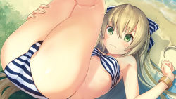 Rule 34 | 10s, 1girl, akinashi yuu, ao no kanata no four rhythm, ao no kanata no four rhythm -es-, asagiri rinko, ass, bare legs, bare shoulders, beach, bikini, blonde hair, bracelet, breasts, cameltoe, game cg, green eyes, hair ribbon, jewelry, legs, legs up, long hair, looking at viewer, lying, ocean, on back, outdoors, ribbon, sand, small breasts, solo, striped bikini, striped clothes, suzumori, swimsuit, thighs, water