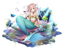 Rule 34 | 1girl, blush, bow, bracelet, breasts, choker, fish, green eyes, hair bow, jewelry, looking at viewer, medium breasts, mermaid, monster girl, official art, open mouth, pink hair, ritva (sennen sensou aigis), sakofu, sennen sensou aigis, shell, shell bikini, short hair with long locks, solo, strapless, sword, weapon