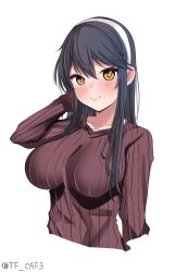 Rule 34 | 1girl, black hair, blush, breasts, closed mouth, cowboy shot, hair between eyes, hair ornament, hairband, hairclip, hand on own head, haruna (kancolle), highres, kantai collection, large breasts, light smile, long hair, long sleeves, looking at viewer, ribbed shirt, shirt, simple background, smile, solo, tf cafe, twitter username, upper body, white background, white hairband, yellow eyes