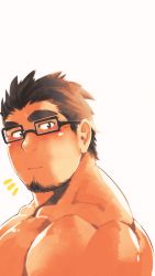 Rule 34 | 1boy, bara, black-framed eyewear, blush, brown hair, facial hair, from side, glasses, goatee, higemorigen, highres, large pectorals, looking at viewer, male focus, mature male, muscular, muscular male, nude, original, pectorals, short hair, sideburns, solo, thick eyebrows, upper body