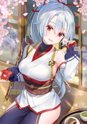 Rule 34 | architecture, artist name, cherry blossoms, east asian architecture, fate/grand order, fate (series), fingerless gloves, gloves, hakuda tofu, hip vent, long hair, obi, petals, ponytail, red eyes, sash, silver hair, sitting, smile, solo, tea, tomoe gozen (fate)