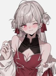 Rule 34 | 1girl, aogisa, blush, breasts, cleavage, cloak, closed mouth, double bun, earrings, grey hair, hair bun, hair ribbon, highres, jewelry, long hair, long sleeves, looking at viewer, medium breasts, one eye closed, original, red cloak, red eyes, red ribbon, ribbon, simple background, solo, upper body, white background