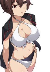 Rule 34 | 10s, 1girl, bikini, black jacket, breasts, brown eyes, brown hair, cleavage, cowboy shot, front-tie bikini top, front-tie top, girls und panzer, hand on own hip, highres, jacket, jacket on shoulders, large breasts, navel, nishizumi maho, open clothes, short hair, solo, standing, swimsuit, white background, white bikini, yamaori