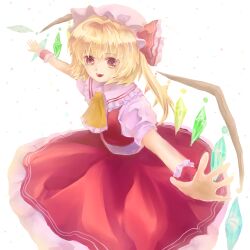 Rule 34 | 1girl, ascot, backlighting, blonde hair, collared shirt, cowboy shot, crystal, fang, flandre scarlet, frilled ascot, frilled shirt collar, frills, hat, highres, looking at viewer, medium hair, mikan (manmarumikan), mob cap, multicolored wings, one side up, open mouth, outstretched arms, red eyes, red skirt, red vest, shirt, simple background, skirt, skirt set, solo, t-pose, touhou, vest, white background, white hat, white shirt, wings, wrist cuffs, yellow ascot