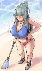 Rule 34 | 00s, 1girl, aged up, beach, bikini, blush, boots, breasts, cleavage, curvy, day, large breasts, life vest, oar, outdoors, red eyes, rozen maiden, silver hair, sketch, solo, suigintou, swimsuit, tsuda nanafushi, water