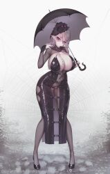 Rule 34 | 1girl, absurdres, black dress, black nails, black umbrella, bodystocking, breasts, cleavage, covered navel, dress, elf, grey hair, highres, hip vent, holding, holding umbrella, large breasts, latex, latex dress, light smile, looking at viewer, original, plunging neckline, pointy ears, purple eyes, runny makeup, shrug (clothing), silk, solo, spider web, standing, suerte, umbrella, veins, veiny breasts